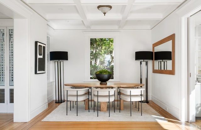 dining room with breakfast area, light wood-style flooring, coffered ceiling, beamed ceiling, and baseboards