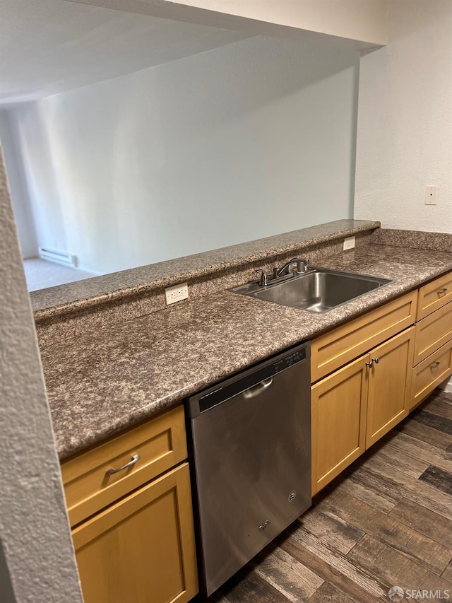 kitchen featuring dark hardwood / wood-style floors, stainless steel dishwasher, and sink