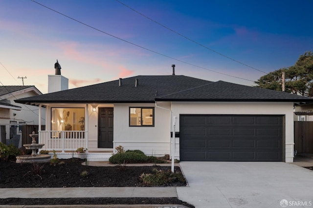 ranch-style house with driveway, roof with shingles, an attached garage, fence, and a porch