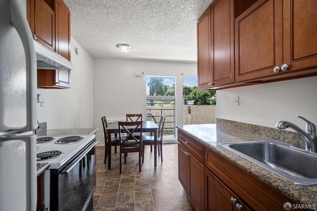 1919 Ygnacio Valley Rd Unit 33, Walnut Creek, CA 94598 - kitchen with freestanding refrigerator, electric range oven, a sink, under cabinet range hood, and brown cabinetry