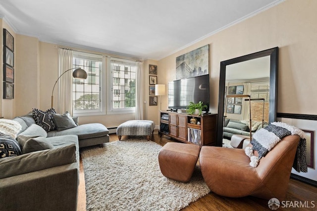 living room featuring dark hardwood / wood-style floors, crown molding, and a baseboard radiator