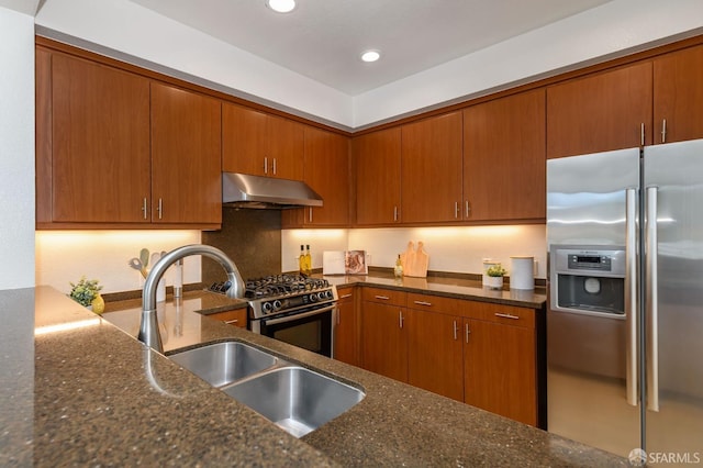 kitchen with under cabinet range hood, dark stone countertops, appliances with stainless steel finishes, and a sink