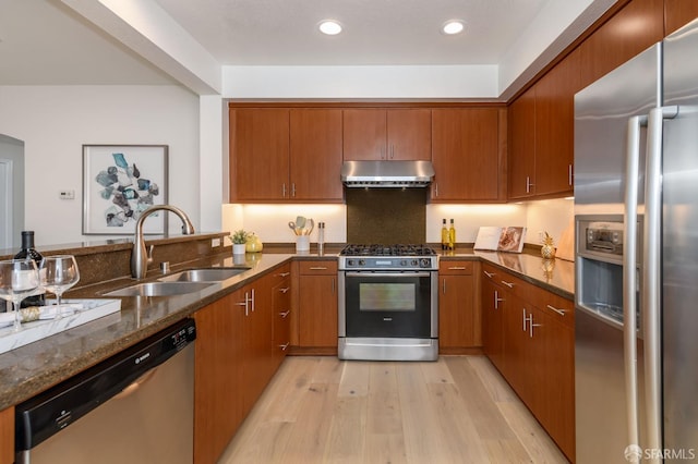 kitchen featuring a sink, dark stone countertops, under cabinet range hood, light wood-style floors, and appliances with stainless steel finishes