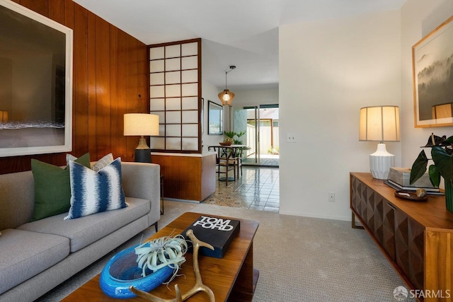 2691 Sean Ct, South San Francisco, CA 94080 - living room featuring carpet floors, wood walls, and baseboards