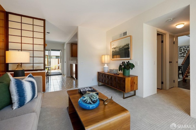 2691 Sean Ct, South San Francisco, CA 94080 - carpeted living area featuring stairway and baseboards