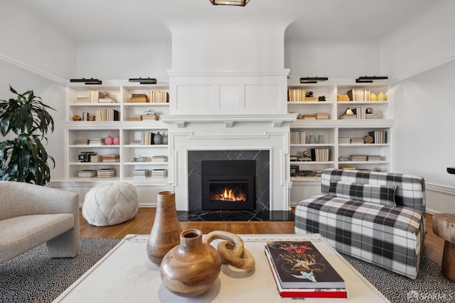 living area featuring a fireplace and dark hardwood / wood-style flooring