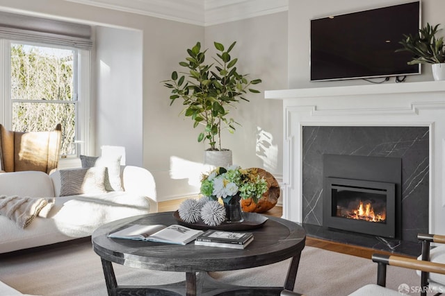 living room with wood-type flooring, a high end fireplace, and ornamental molding