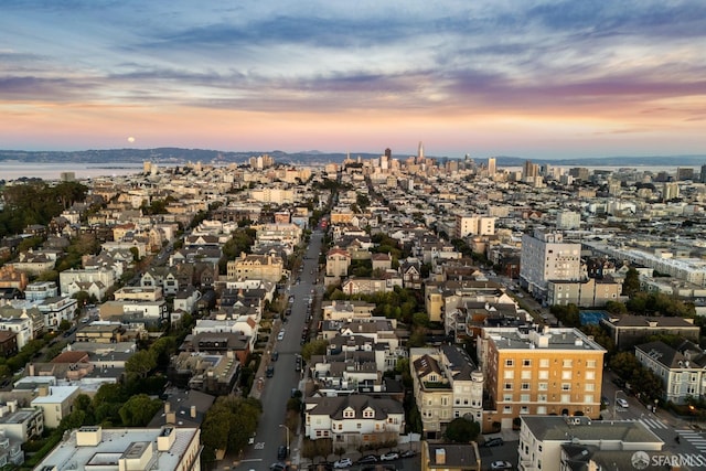 view of aerial view at dusk