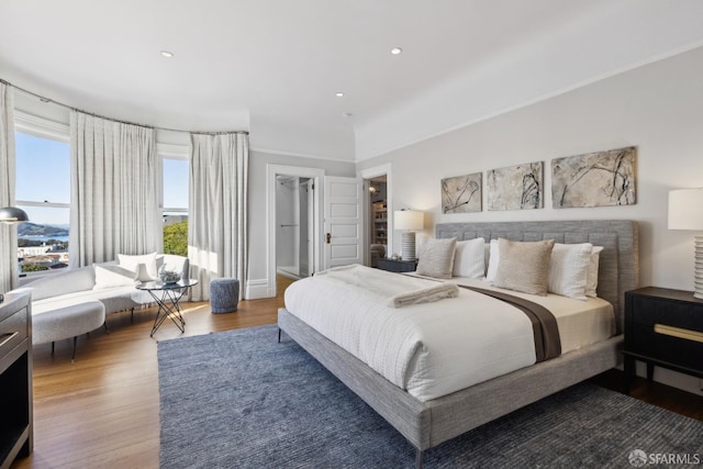 bedroom featuring a spacious closet, wood-type flooring, a closet, and crown molding