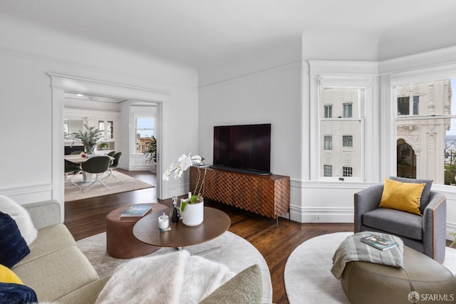 living room featuring dark wood-type flooring