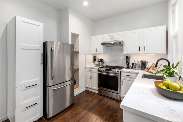 kitchen featuring white cabinetry, sink, tasteful backsplash, dark hardwood / wood-style floors, and appliances with stainless steel finishes