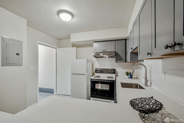 2375 31st Ave, San Francisco, CA 94116 - kitchen with electric panel, gray cabinetry, freestanding refrigerator, electric stove, and under cabinet range hood