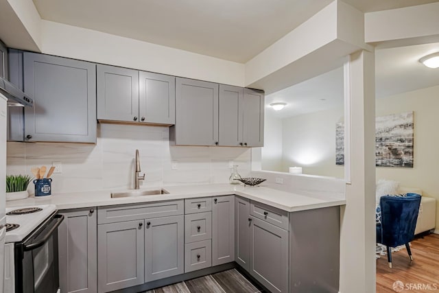 2375 31st Ave, San Francisco, CA 94116 - kitchen with light countertops, a sink, gray cabinetry, and range with electric stovetop