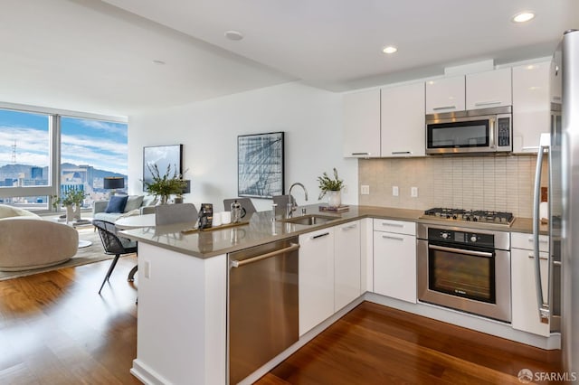 kitchen featuring a sink, backsplash, open floor plan, appliances with stainless steel finishes, and a peninsula