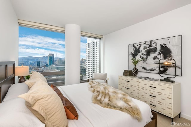 bedroom with a city view and light colored carpet