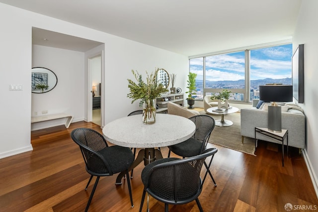 dining area with baseboards and dark wood-style flooring