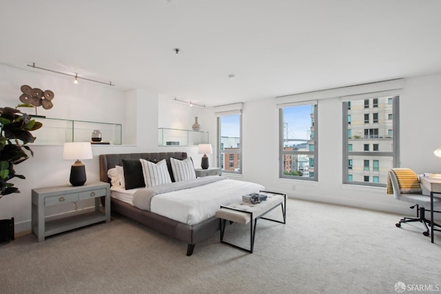 carpeted bedroom featuring track lighting