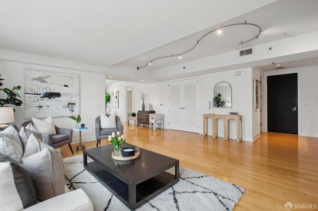 living room with wood-type flooring and rail lighting