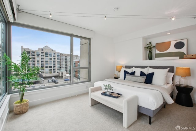 carpeted bedroom featuring rail lighting