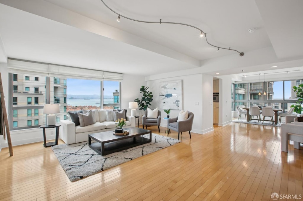 239 Brannan St Unit 7J, San Francisco, CA 94107 - living room with a water view, a healthy amount of sunlight, rail lighting, and light hardwood / wood-style flooring
