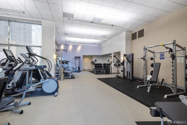 workout area with a high ceiling