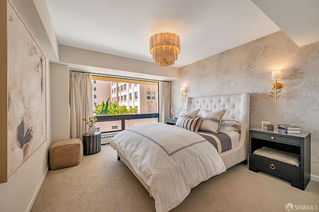 1177 California St Unit 212, San Francisco, CA 94108 - bedroom featuring carpet, wallpapered walls, a chandelier, and a baseboard radiator