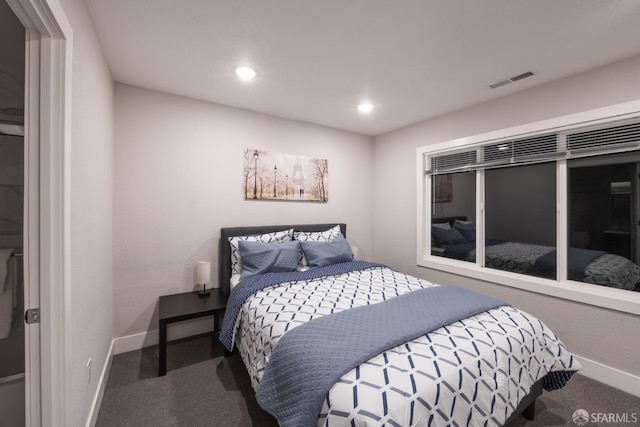 bedroom with recessed lighting, carpet flooring, visible vents, and baseboards