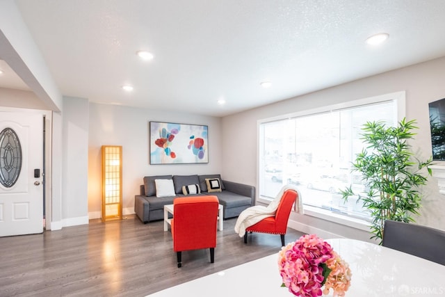 interior space featuring recessed lighting, baseboards, and wood finished floors