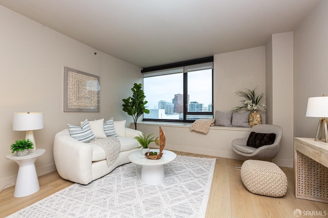 living area featuring a view of city, baseboards, and wood finished floors