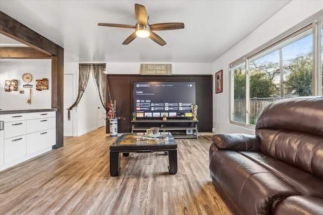 living room featuring light wood-type flooring and ceiling fan