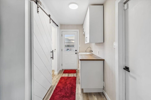 laundry room featuring sink, light hardwood / wood-style floors, and a barn door