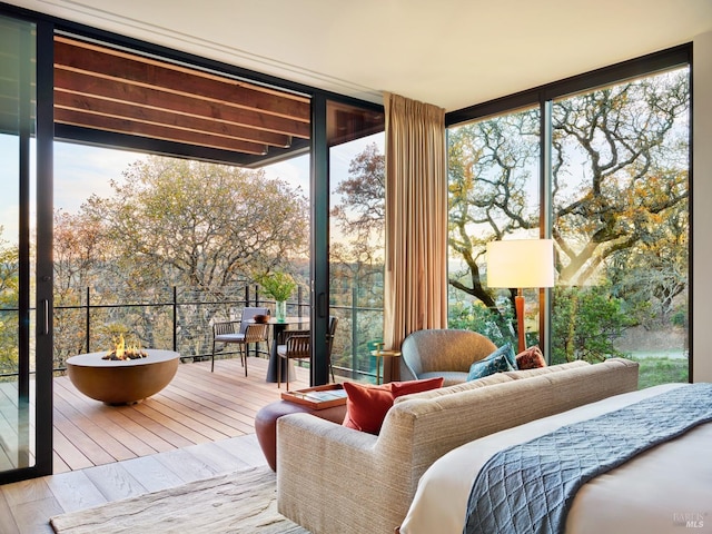 bedroom with light hardwood / wood-style flooring, floor to ceiling windows, and access to outside