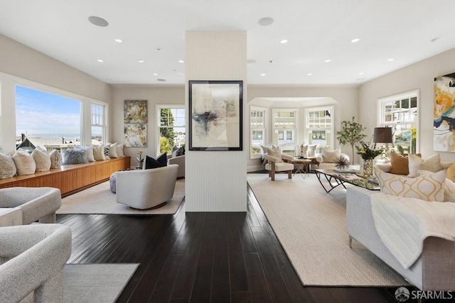 living area with dark wood-type flooring, recessed lighting, and a healthy amount of sunlight