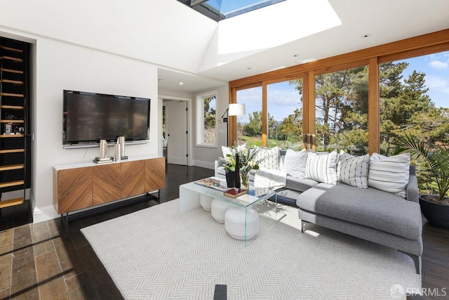 living room featuring baseboards, dark wood-type flooring, and a skylight