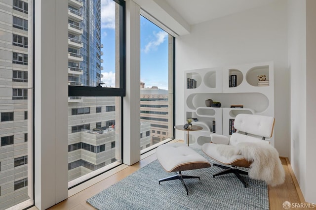 living area featuring a city view and wood finished floors