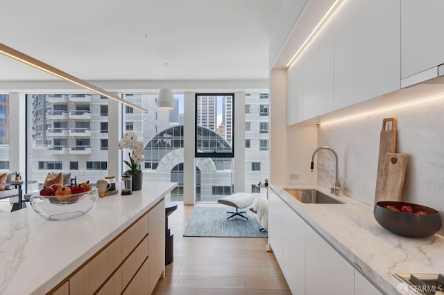 kitchen featuring white cabinets, modern cabinets, light stone counters, light wood-type flooring, and a sink