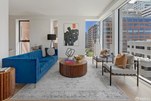 living room featuring expansive windows, a city view, and wood finished floors