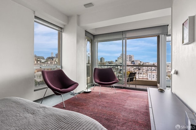 bedroom with carpet, multiple windows, and a city view