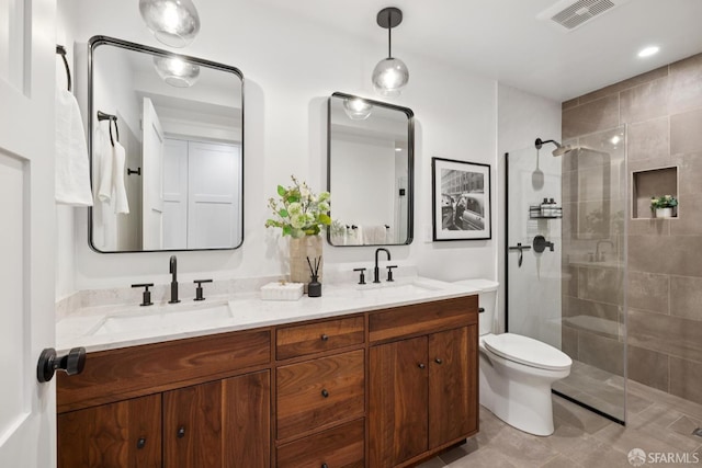 807 Vienna St, San Francisco, CA 94112 - full bathroom with tiled shower, double vanity, and tile patterned floors