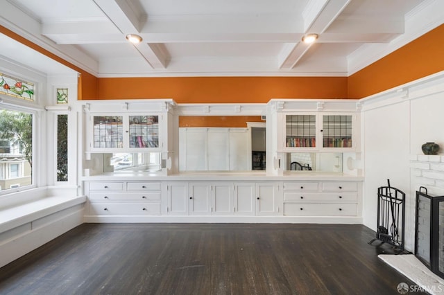 kitchen with dark hardwood / wood-style flooring, beam ceiling, coffered ceiling, and white cabinets