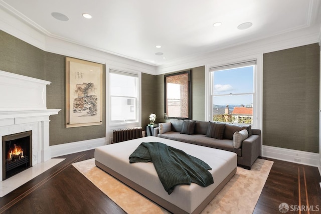 living room featuring radiator, crown molding, dark wood-type flooring, and a fireplace