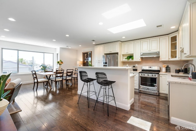 104 Bache St Unit A, San Francisco, CA 94110 - kitchen with appliances with stainless steel finishes, under cabinet range hood, a sink, a breakfast bar area, and a kitchen island