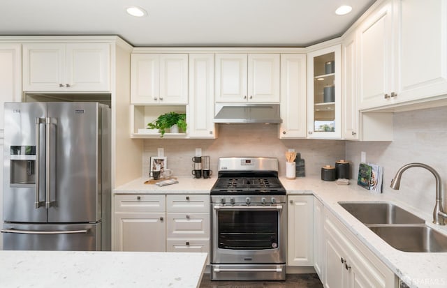 104 Bache St Unit A, San Francisco, CA 94110 - kitchen featuring appliances with stainless steel finishes, ventilation hood, a sink, glass insert cabinets, and light stone counters