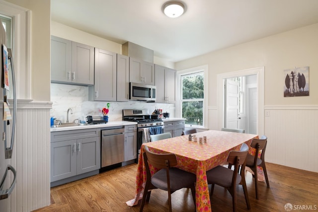 kitchen with a wainscoted wall, light countertops, gray cabinetry, appliances with stainless steel finishes, and a sink