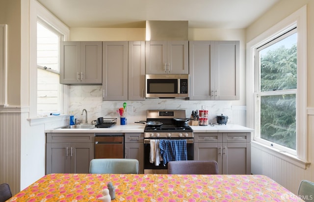 kitchen with a wainscoted wall, gray cabinets, stainless steel appliances, light countertops, and a sink