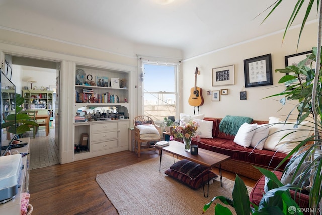 living room with dark wood-style flooring