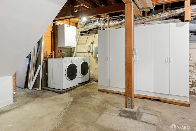 basement featuring electric panel and independent washer and dryer