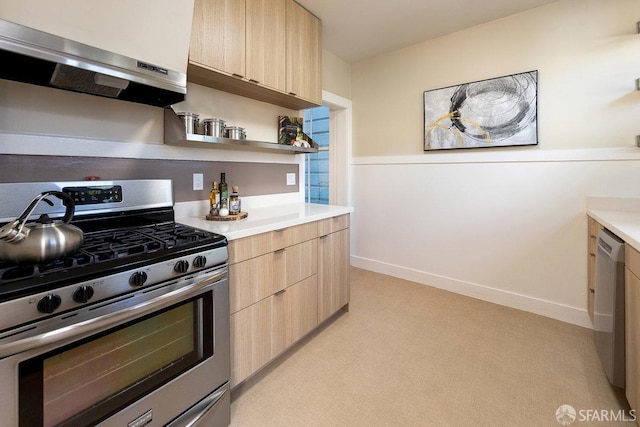 kitchen with stainless steel appliances, ventilation hood, and light brown cabinetry