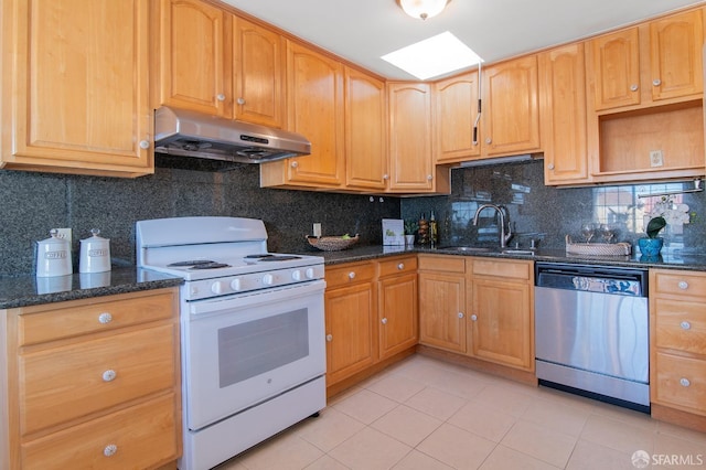 kitchen featuring dishwasher, sink, dark stone countertops, and white range with electric stovetop