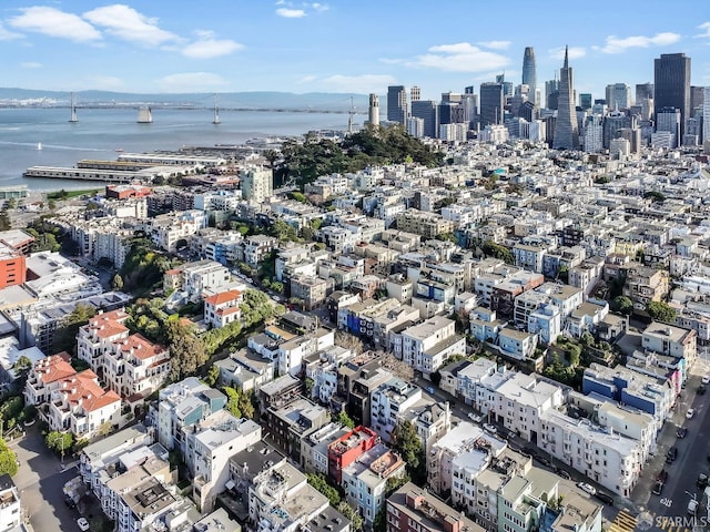 aerial view featuring a view of city and a water view